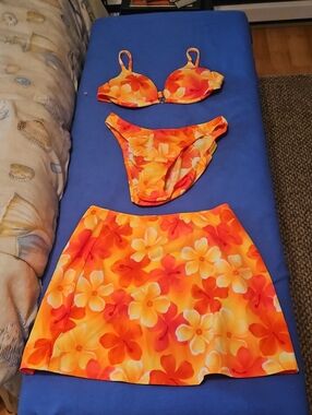 VENUS Orange, Yellow, & Pink  Floral Bikini Top, Bottom & Skirt Set (Sarong)